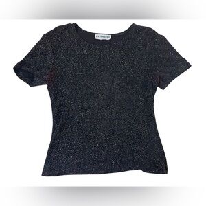 VINTAGE 90S ULTIMATE PETITE BLACK GEMS SHINY RAYON TSHIRT SMALL PETITE WOMENS